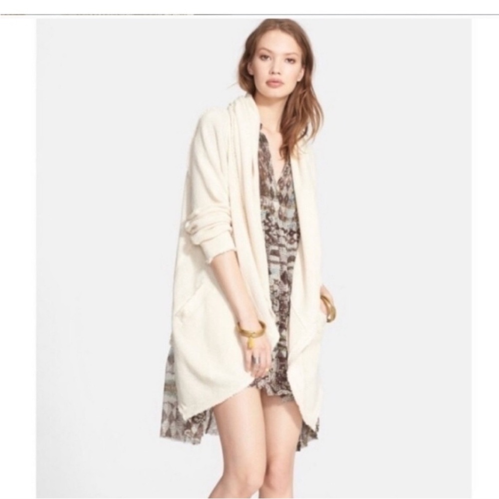Free People Big Chill Cardigan Cream Hood Waffle Snap Sweater Jacket Size Medium - Picture 1 of 16